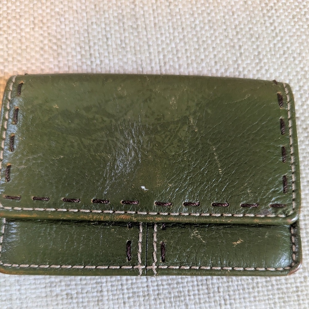 Vtg Fossil Card Green Leather Contrast Stitch Snap Bifold ID Window Wallet
